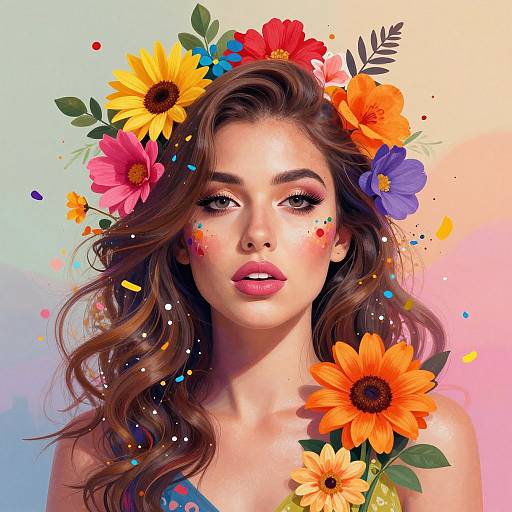 Digital illustration of a beautiful young woman with wavy brown hair, wearing a colorful floral crown, against a pastel gradient background. Bright flowers and colorful