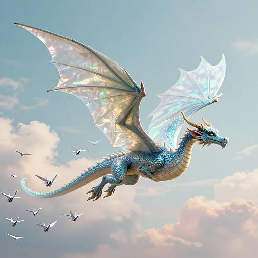 Digital artwork of a blue, translucent-winged dragon soaring through a bright, cloudy sky, surrounded by flying birds. Illuminated by sunlight.