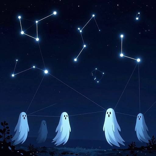Digital artwork of four glowing, white, ghostly figures under a starry night sky with a constellation, set against a dark blue landscape.