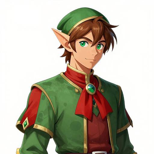 Digital anime-style drawing of a green-eyed, brown-haired elf with pointed ears, wearing a green hat, red scarf, and green jacket with gold trim