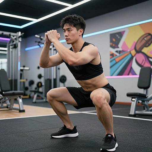 Photograph of a muscular Asian man in a black sports bra and shorts, squatting in a modern gym with neon lights.