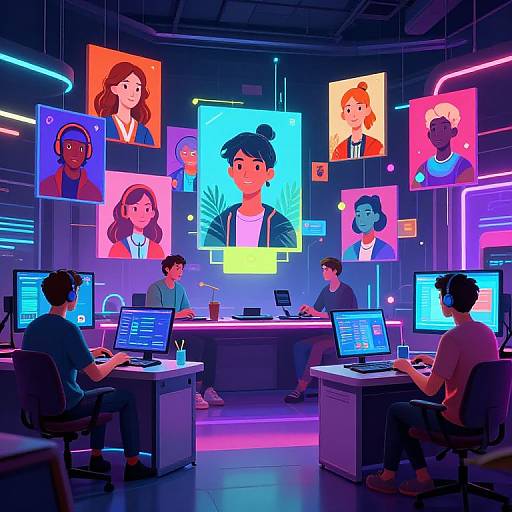 Neon-lit digital workspace with five diverse young programmers, each at a desk with laptops, surrounded by colorful portraits of various people on the wall.