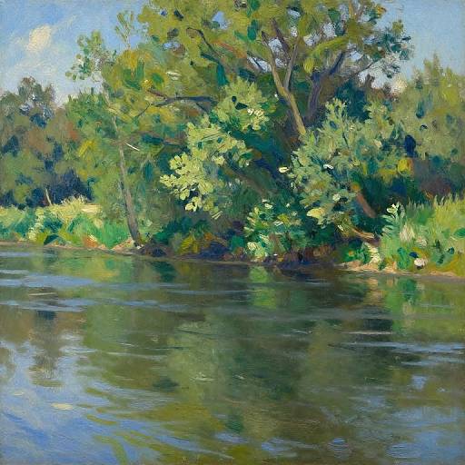 Impressionist painting of a serene riverbank with lush green trees, vibrant foliage, and gentle ripples reflecting sunlight on clear water.
