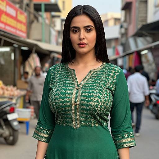 Photograph of a young South Asian woman with long black hair, wearing a green embroidered kameez, standing in a busy urban market street. Bl