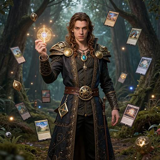 Fantasy photograph of a long-haired, fair-skinned man in ornate black armor, holding a glowing orb, surrounded by floating tarot cards in