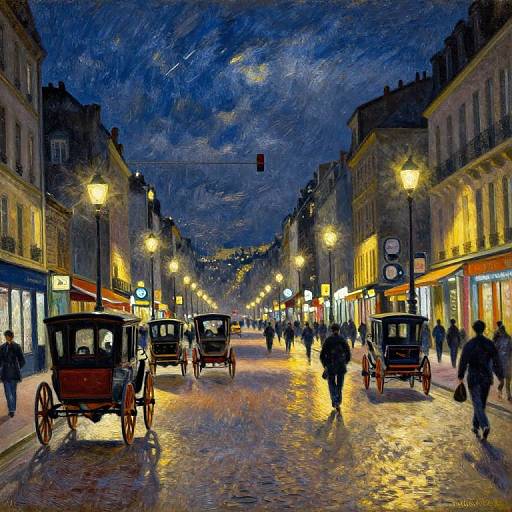 Vibrant, oil-painting style photograph of a cobblestone street at night, illuminated by street lamps, with horse-drawn carriages and