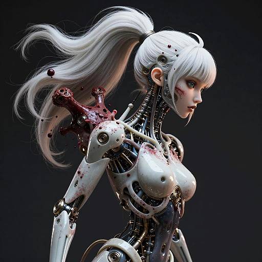 Digital artwork of a cybernetic woman with white hair, mechanical limbs, and bloodstains on her torso, set against a dark background.