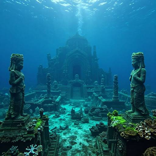 Photograph of an underwater ancient temple with two stone statues, surrounded by coral and sunlight filtering through the blue water.