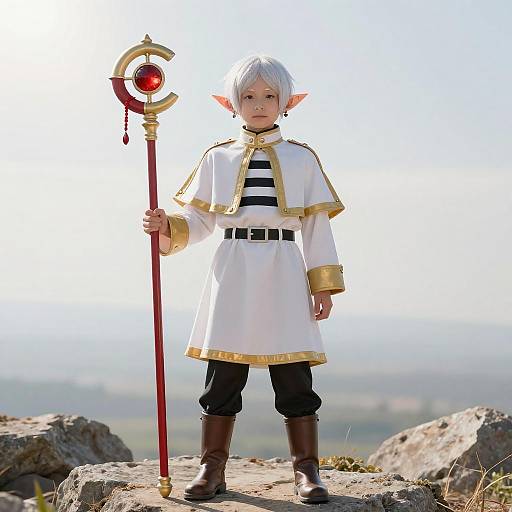 White-Haired Elf with Magical Staff