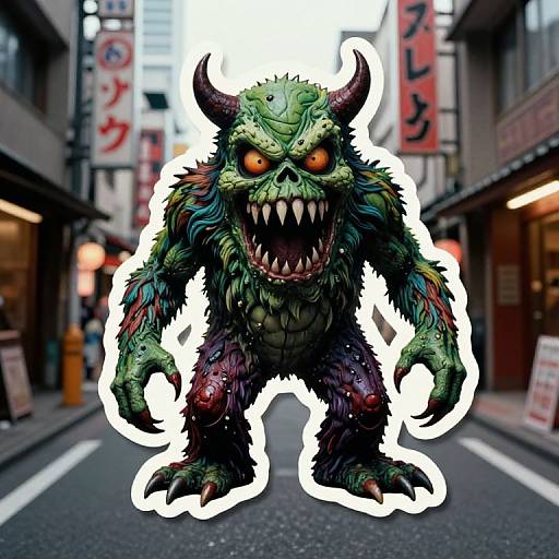 Photorealistic digital drawing of a green, horned, monstrous creature with sharp teeth and glowing orange eyes, standing on a narrow, urban Japanese street