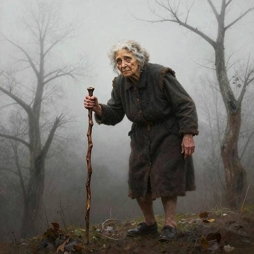 Photorealistic painting of an elderly, ragged man with white hair and wrinkled skin, holding a twisted wooden staff, standing in a misty