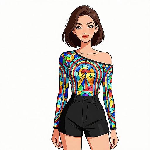 Smiling Woman in Vibrant Stained Glass Outfit