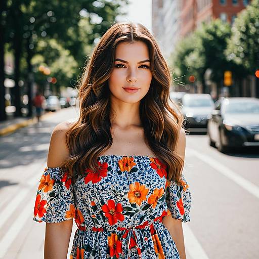 Young Woman in Floral Off-Shoulder Dress on Urban Street
