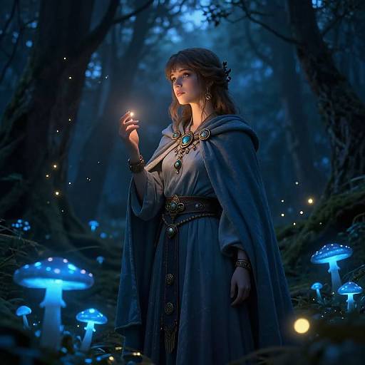 Fantasy forest scene: Enchanted woman with blue cloak, holding glowing firefly, surrounded by bioluminescent mushrooms, wearing ornate jewelry