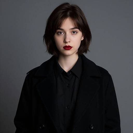 Photograph of a pale-skinned, short-haired woman with red lipstick, wearing a black coat, against a dark gray background.