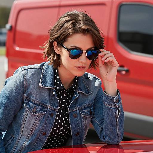 Stylish Woman Adjusting Sunglasses by Car