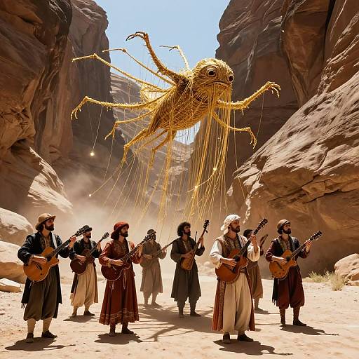 Photograph-like CGI: Desert canyon with six bearded men in traditional Middle Eastern attire playing instruments beneath a giant, golden, spider-like creature with long