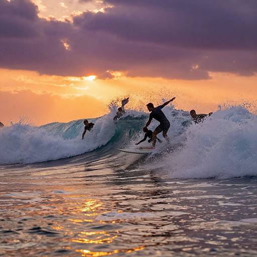 Sunset Surfers Riding Massive Waves