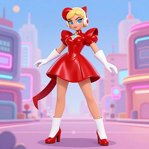 CGI image of a blonde anime-style woman with blue eyes, wearing a red puffy-sleeve dress, white gloves, and red heels,