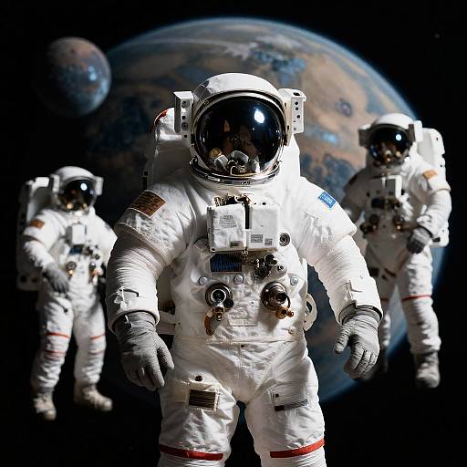 Photograph of three astronauts in white space suits with reflective helmets, standing in front of a planet Earth backdrop in space.