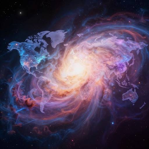 Digital artwork of a glowing, swirling galaxy superimposed on a translucent world map, with vibrant blues, purples, and oranges against a dark,