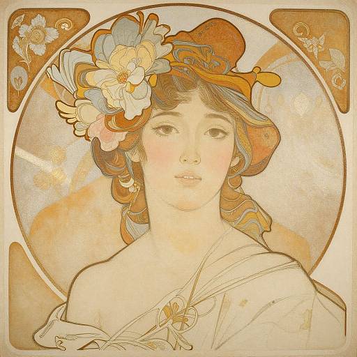 Art Nouveau-style digital illustration of a young woman with soft features, wearing a floral headpiece, and a draped garment, set within an ornate