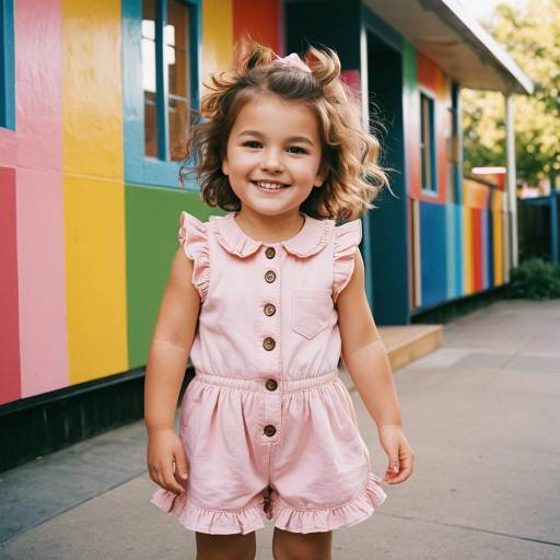 Smiling Toddler Girl in Pink Playsuit Outdoors