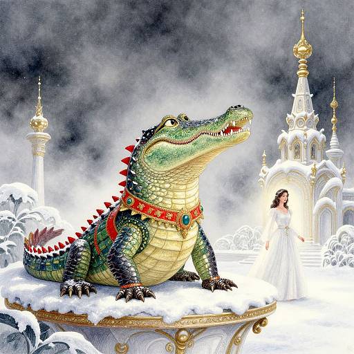 Digital artwork of a regal, green crocodile with red spikes, gold collar, and blue gem, sitting on a snowy throne beside a white,