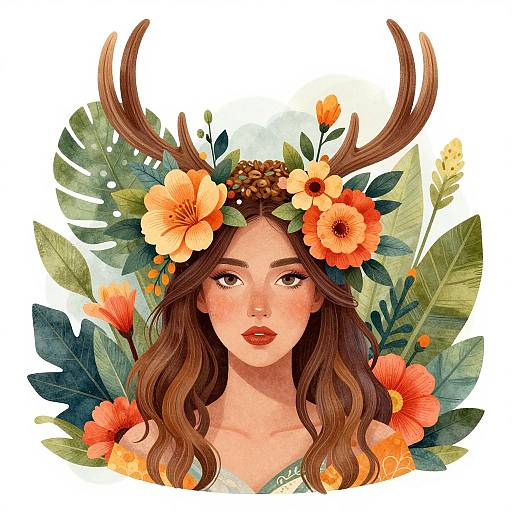 Digital illustration of a fair-skinned woman with brown wavy hair, wearing a floral crown with orange and yellow flowers, and large brown antlers,