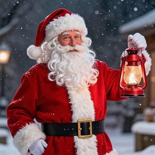 Photograph of Santa Claus in a red velvet suit with white fur trim, black belt, holding a red lantern, standing in a snowy, nighttime village