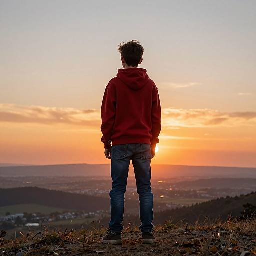 Photograph of a man in a red hoodie and blue jeans, standing on a grassy hill, watching a vibrant sunset over a distant valley. Sil