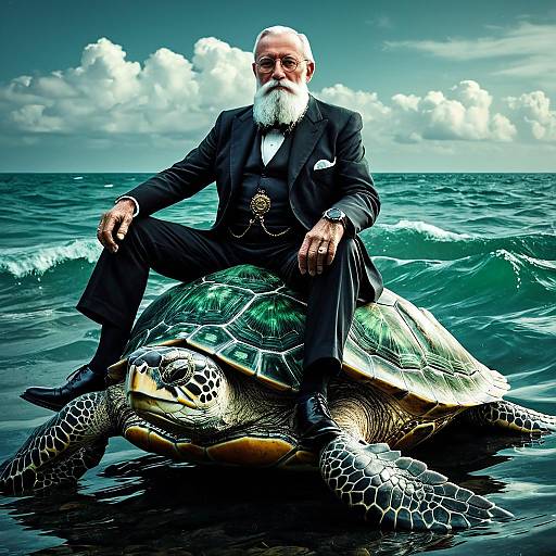 Elderly Man on Giant Sea Turtle