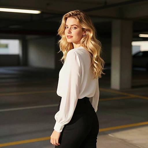 Photograph of a blonde woman with wavy hair, wearing a white blouse and black high-waisted pants, standing in a dimly lit parking