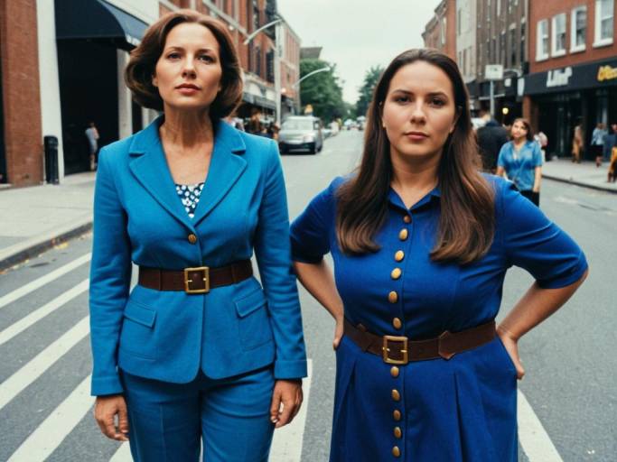 Women in Blue Outfits Standing on City Street