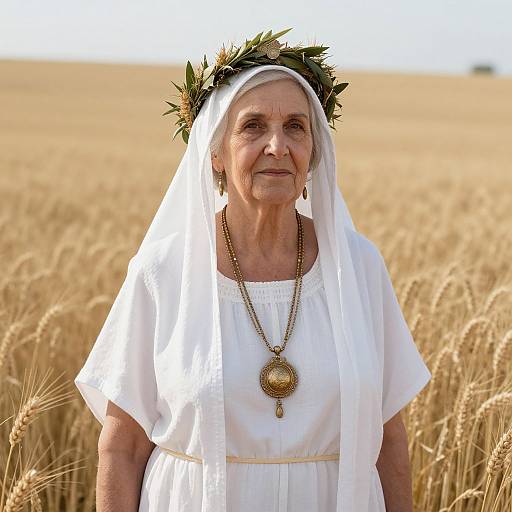 Photograph of an elderly white woman with wrinkles, wearing a white dress, veil, crown of leaves, and gold necklace, standing in a golden wheat