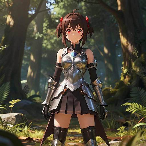 Anime-style digital artwork of a young girl with red eyes, black twin-tails, and red hair ties, wearing shiny silver armor and a black skirt