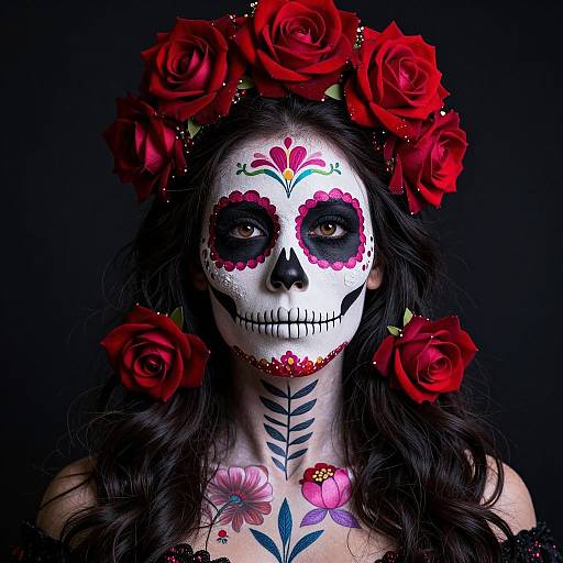 Photograph of a woman with white sugar skull face paint, red flower crown, and dark wavy hair, set against a black background. Vibrant