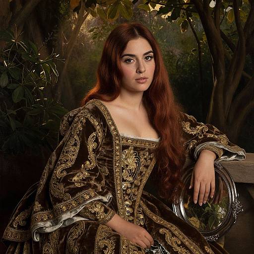 Photograph of a young woman with long auburn hair, wearing an ornate, gold-embroidered brown gown, sitting in a dark
