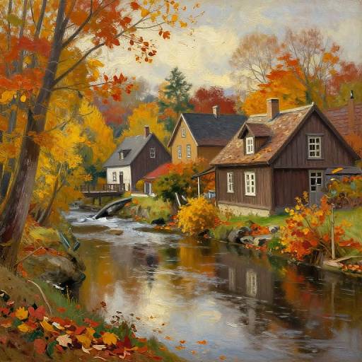 Colorful autumn landscape painting of two wooden houses by a reflective creek, surrounded by vibrant orange and red foliage.
