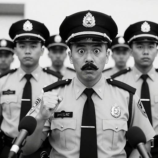 Surprised Police Officer with Raised Fist