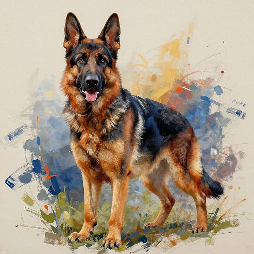 Colorful digital painting of a German Shepherd with black and tan fur, standing on grass, tongue out, against a vibrant abstract background.
