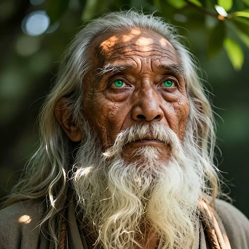 Photograph of an elderly man with deep wrinkles, long white beard, and green eyes, standing under leafy trees, sunlight filtering through.