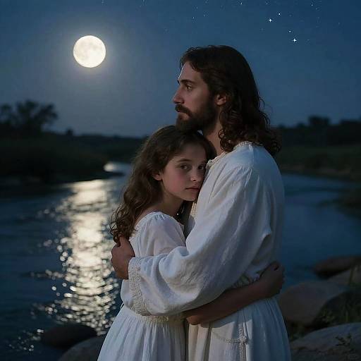 Photograph of a bearded man with long curly hair and a young girl, both in white robes, embracing under a full moon by a river at