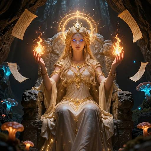 Digital fantasy artwork of a blonde woman with glowing blue eyes, golden crown, and white dress, sitting on a throne, holding fire, surrounded by mushrooms