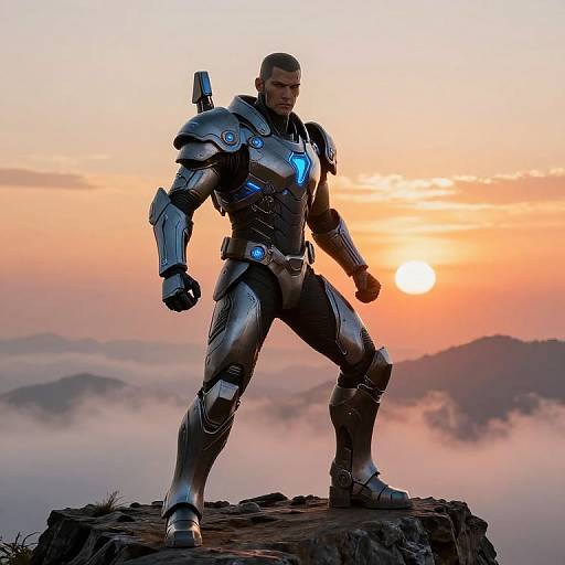 Photograph of a muscular man in Iron Man armor standing on a rocky cliff at sunset, with a glowing blue chest emblem and misty mountains in the