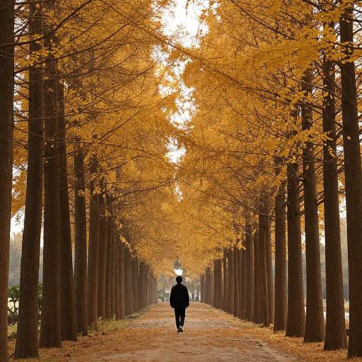 Photograph of a solitary figure walking down a tree-lined path with vibrant autumn orange leaves, creating a golden tunnel effect.