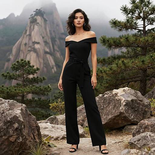 Photograph of a dark-haired woman in an off-shoulder black jumpsuit, standing on rocky terrain with misty mountains and pine trees in the