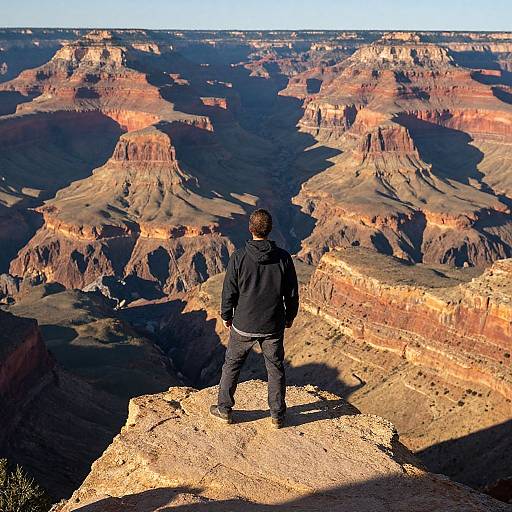Photograph of a man in a black jacket and jeans standing on a rocky cliff, gazing at the vast, sunlit Grand Canyon landscape with its
