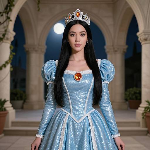 Photorealistic digital art of a fair-skinned woman with long black hair wearing a silver tiara, light blue shimmering princess dress, and orange