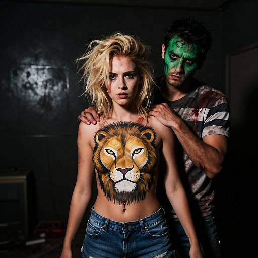 Woman with Lion Body Paint and Man with Green Face Paint
